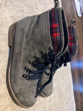 Tommy Hilfiger Gray Suede Ankle Boots with Red Plaid Cuff